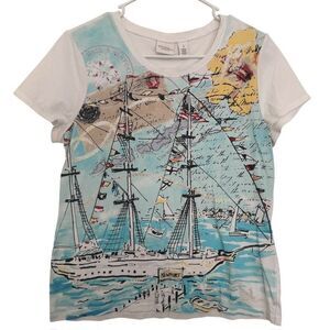 Weekend's by Chicos Womens Size 1-M-8 Sailboat Graphic Tee Colorful Artsy Travel